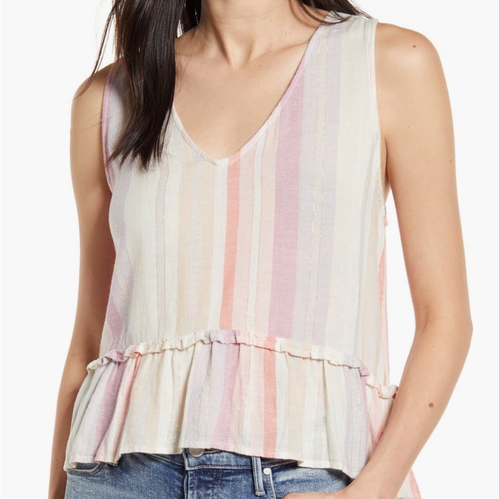 Rails Mira Stripe Linen Blend Sleeveless Peplum Top